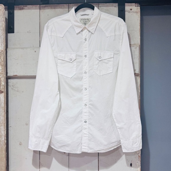 Vintage Guess Western White Pearl Snap Embroidered L/S Collar Button Up Mens Lg - Picture 1 of 15